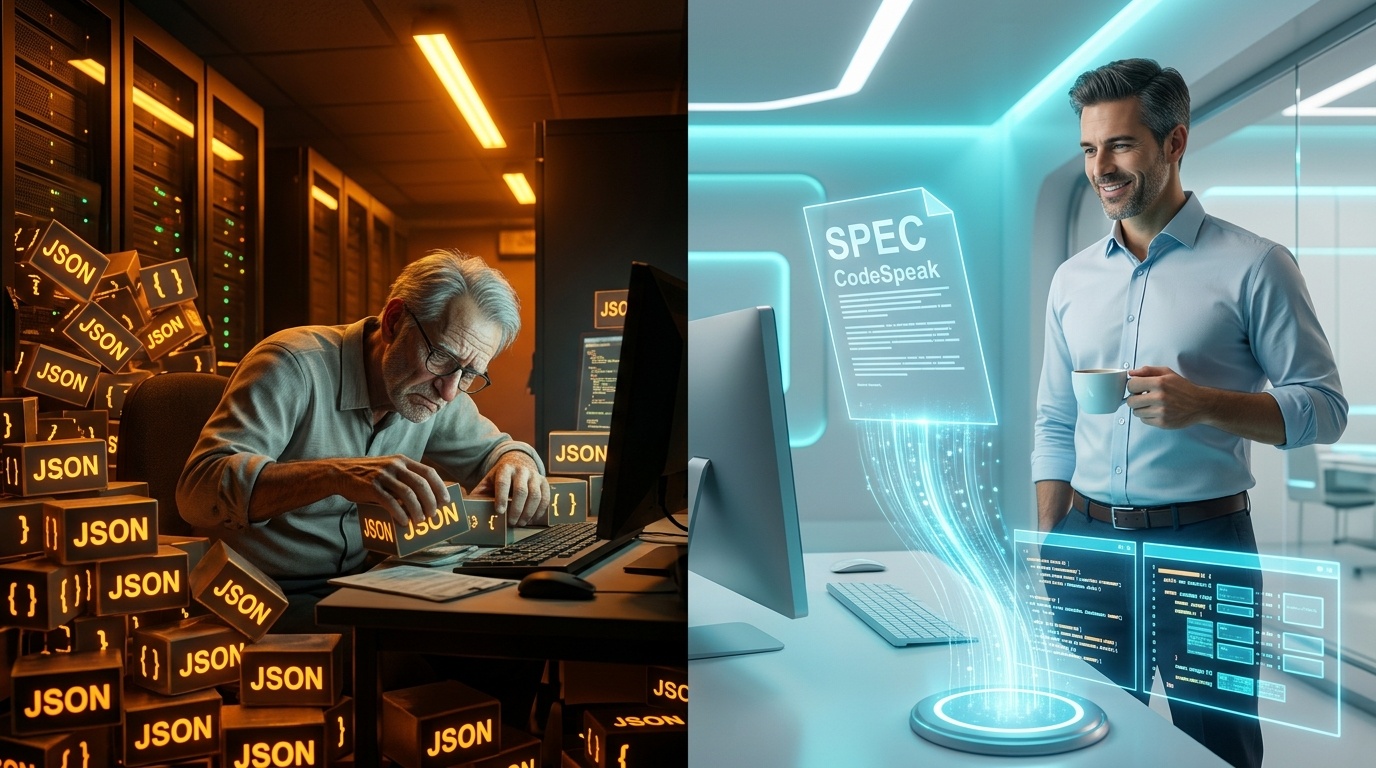 Сравнение разработки: уставший программист в хаосе JSON против инженера-архитектора, управляющего ИИ через спецификации.